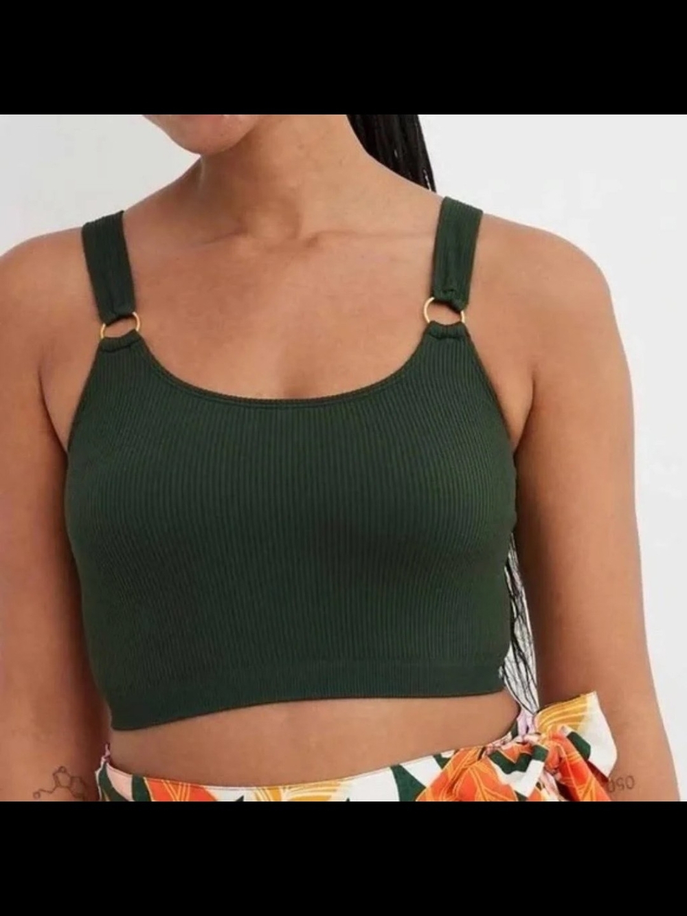 aerie Dark Green Ribbed Crop Tank with Gold Ring Straps